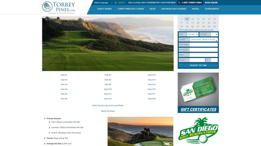 screenshot of the Torrey Pines Golf Course (North) homepage