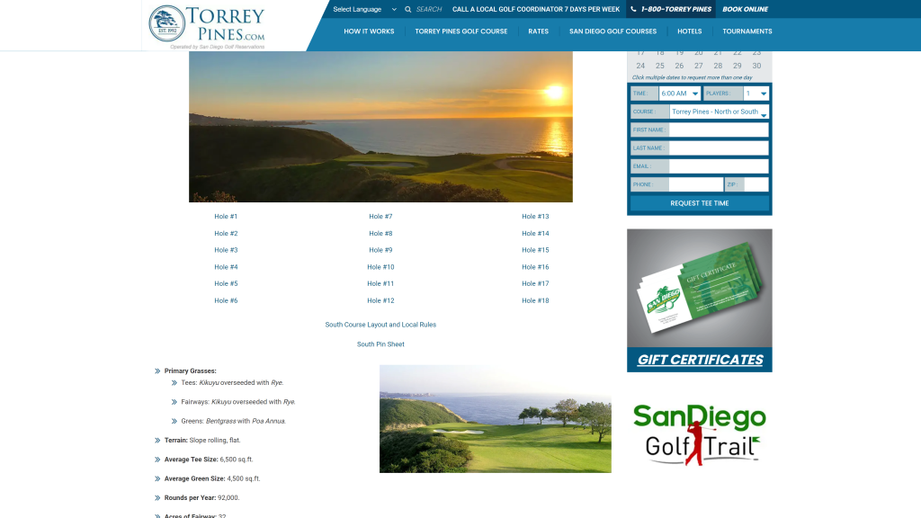 screenshot of the Torrey Pines Golf Course (South) homepage