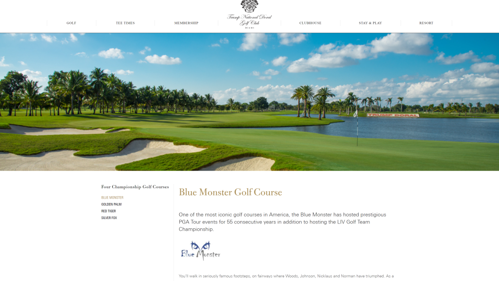 screenshot of the The Blue Monster Course, Trump National Doral Miami best golf courses in florida homepage