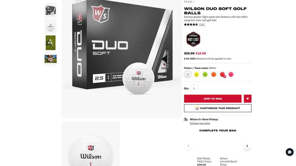 screenshot of the Wilson Soft Duo Golf Ball homepage