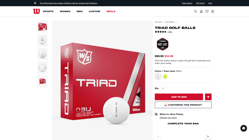screenshot of the Wilson Triad Golf Ball homepage