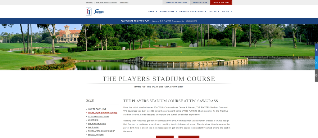 screenshot of the TPC Sawgrass (Players Stadium) best public golf courses in florida homepage