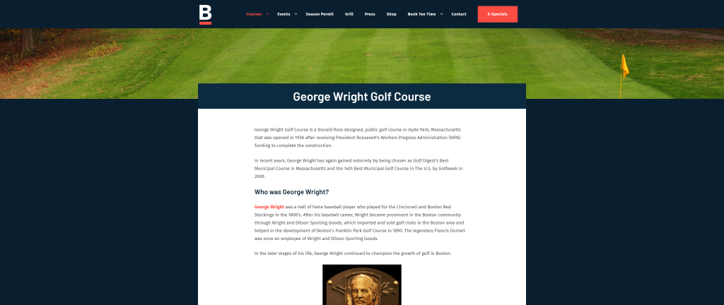 screenshot of the George Wright Golf Course best public golf courses in massachusetts homepage