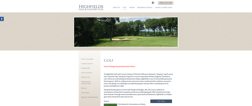 screenshot of the Highfields Golf and Country Club homepage