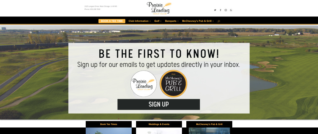 screenshot of the Prairie Landing Golf Club best public golf courses in chicago homepage