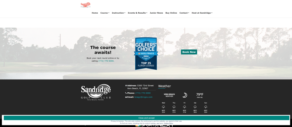 screenshot of the Sandridge Golf Club (Lakes Course) homepage