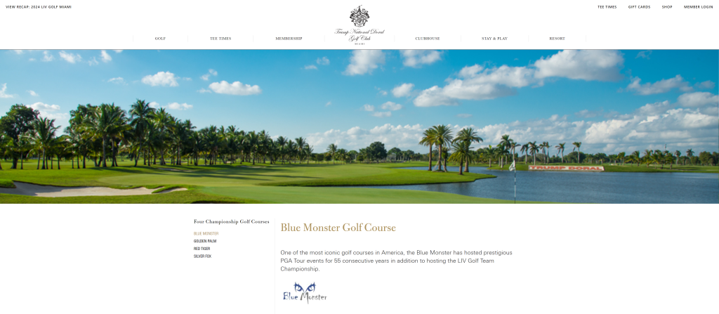 screenshot of the Trump National Doral Miami (Blue Monster) homepage