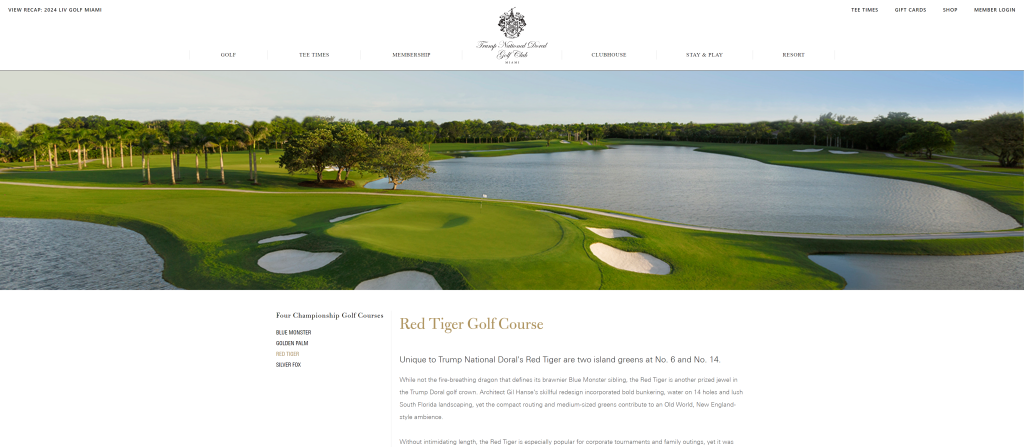 screenshot of the Trump National Doral Miami (Red Tiger) best public golf courses in florida homepage