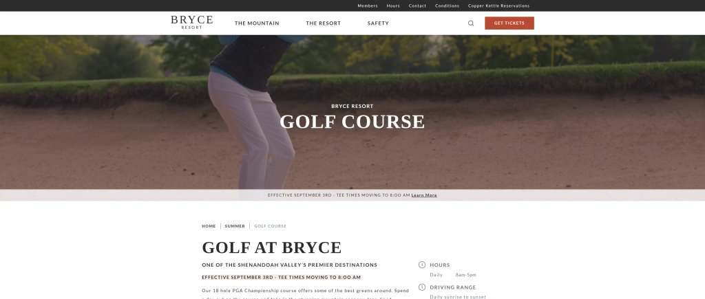 screenshot of the Bryce Resort Golf Course best public golf courses in virginia homepage