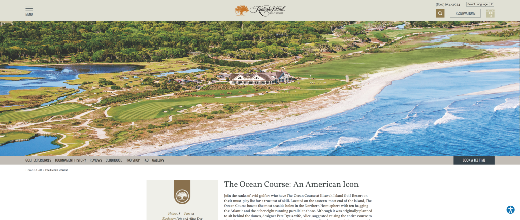 screenshot of the Kiawah Island Golf Ocean Course homepage