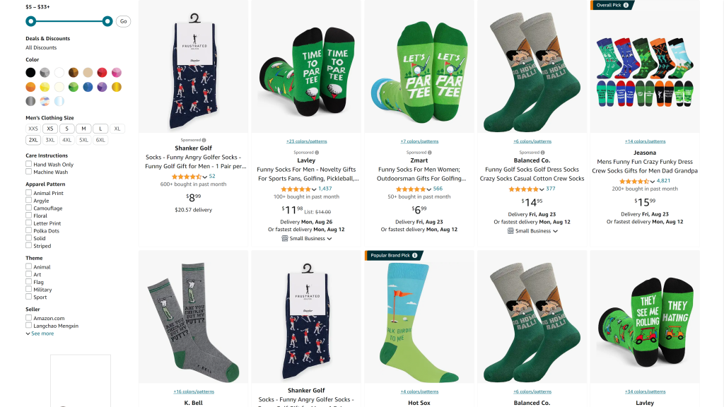 screenshot of the Funny Golf socks homepage