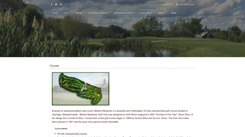 screenshot of the Blissful Meadows Golf Club homepage