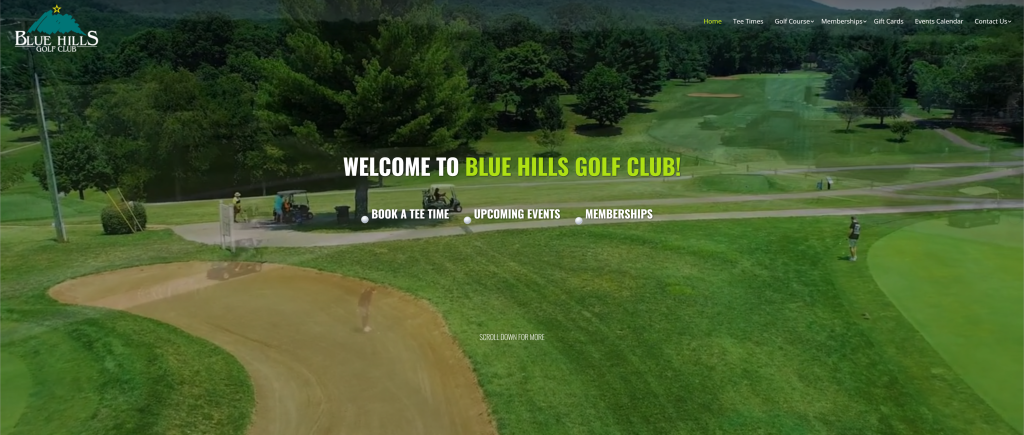 screenshot of the Blue Hills Golf Course homepage