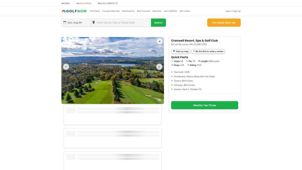 screenshot of the Cranwell Resort Golf Club best public golf courses in massachusetts homepage