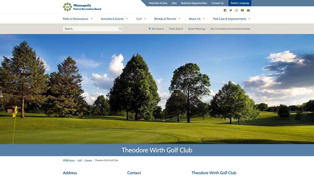 screenshot of the Theodore Wirth Golf Course best golf course in minneapolis homepage