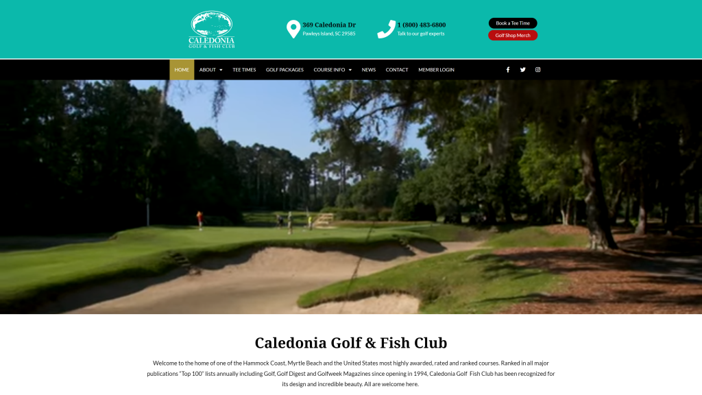 screenshot of the Caledonia Golf & Fish Club homepage