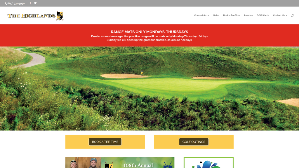 screenshot of the Highlands of Elgin best public golf courses in chicago homepage