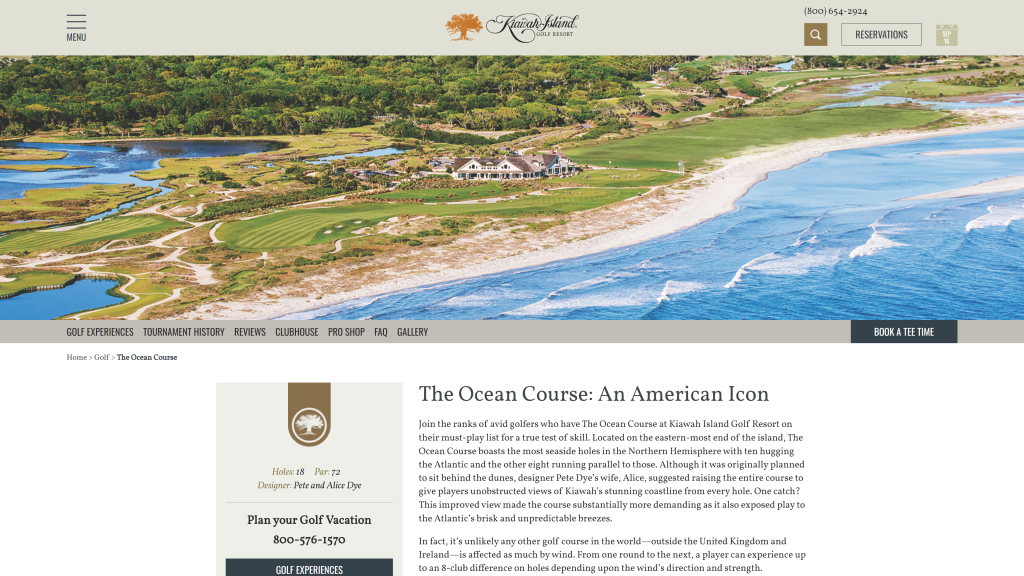 screenshot of the Kiawah Island Golf Resort best public golf courses in south carolina homepage