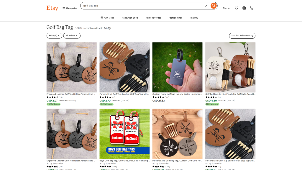 screenshot of the golf tags on etsy personalized golf gifts