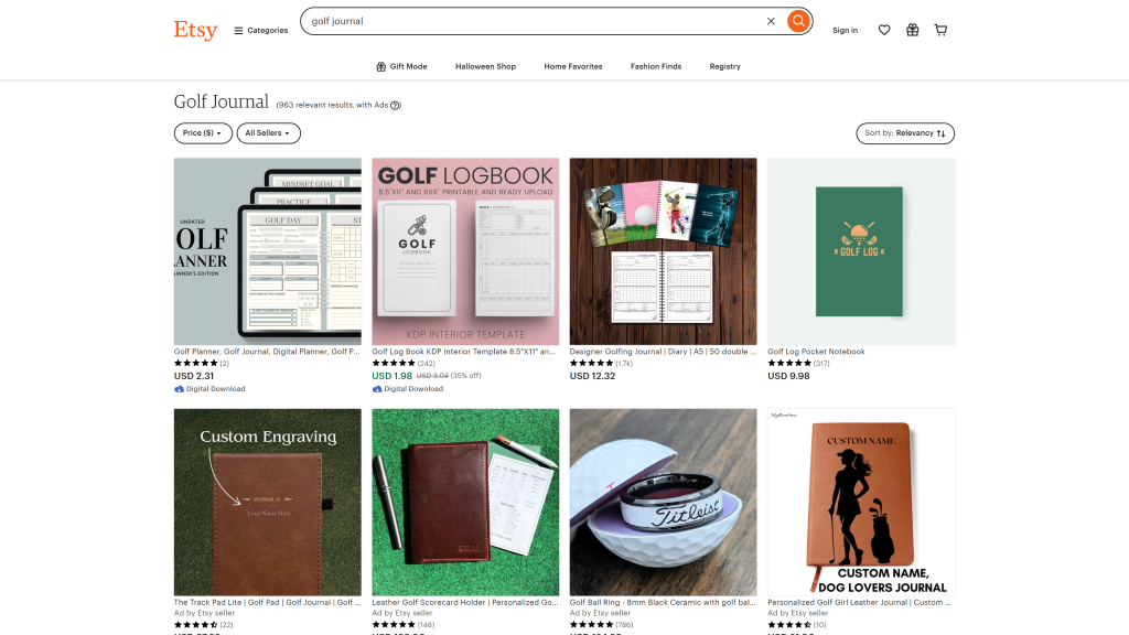 screenshot of the custom journal personalized golf gifts homepage