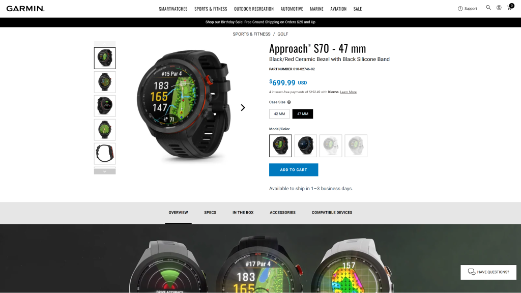 screenshot of the Garmin Approach S70 homepage