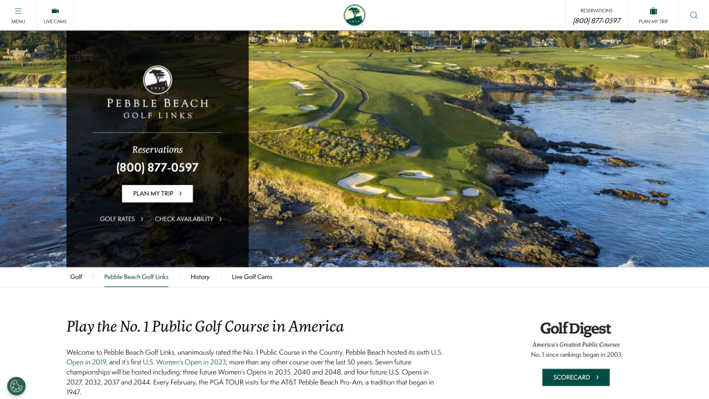 screenshot of the Pebble Beach Golf Links top public golf courses in usa homepage