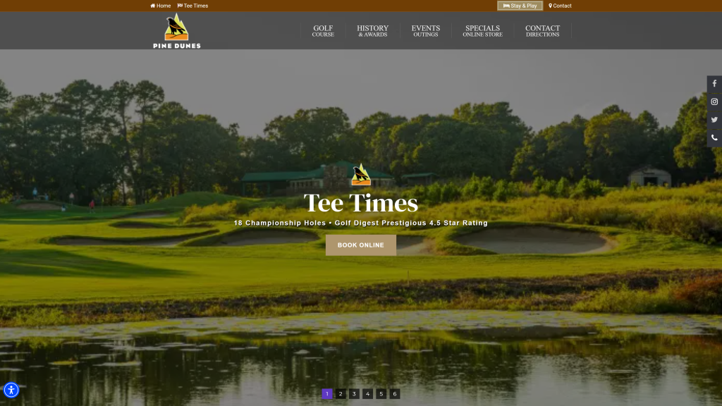 screenshot of the Pine Dunes Resort & Golf Course (Tyler)best public golf courses in texas homepage