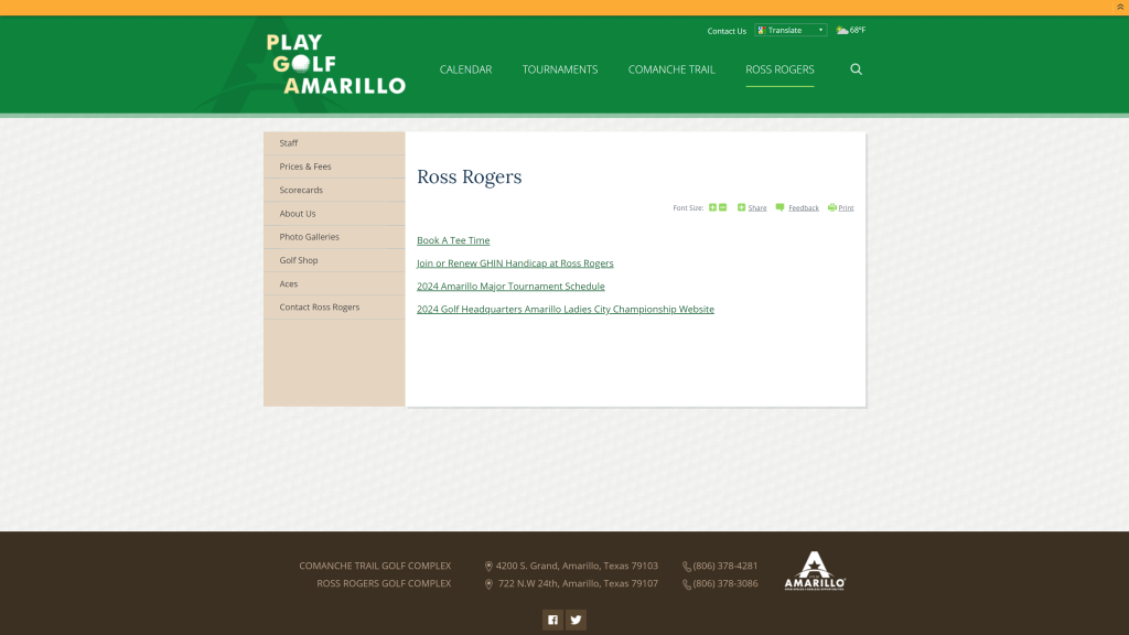 screenshot of the Ross Rogers (Amarillo) best public golf courses in texas homepage