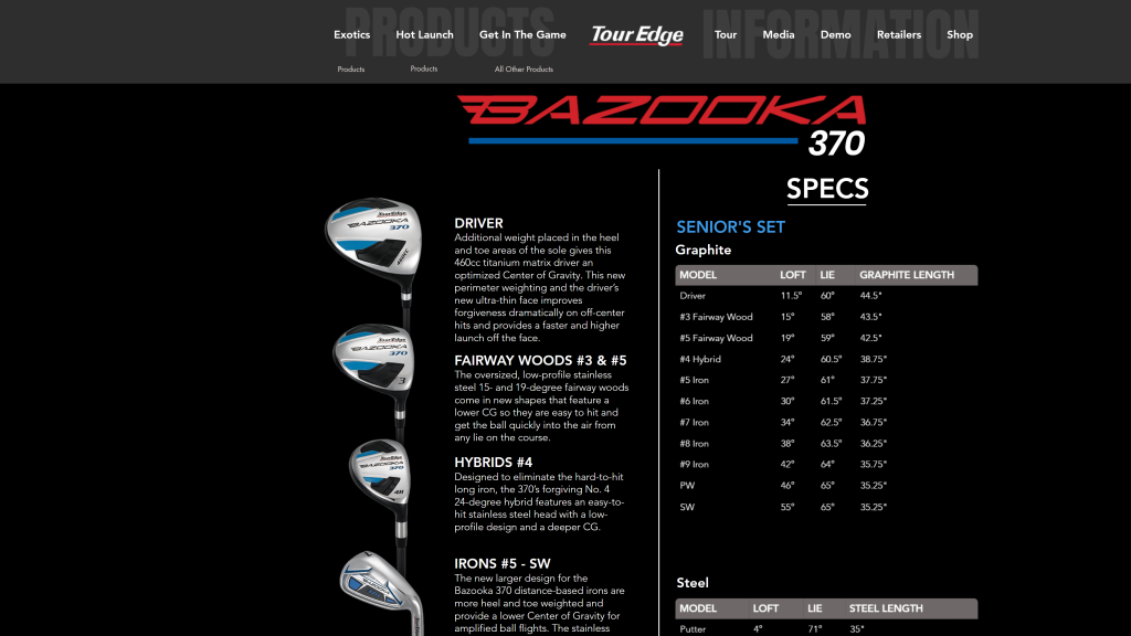 screenshot of the Tour Edge Bazooka 370 best golf clubs for beginners to intermediate homepage