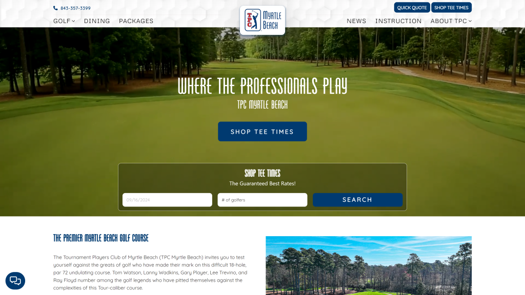 screenshot of the TPC Myrtle Beach best public golf courses in south carolina homepage