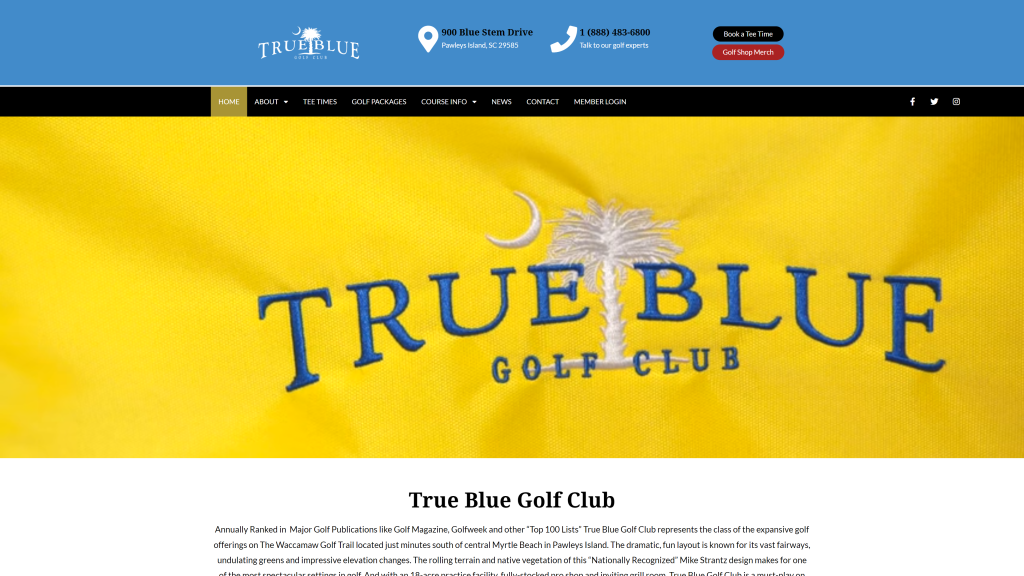 screenshot of the True Blue Golf Club homepage