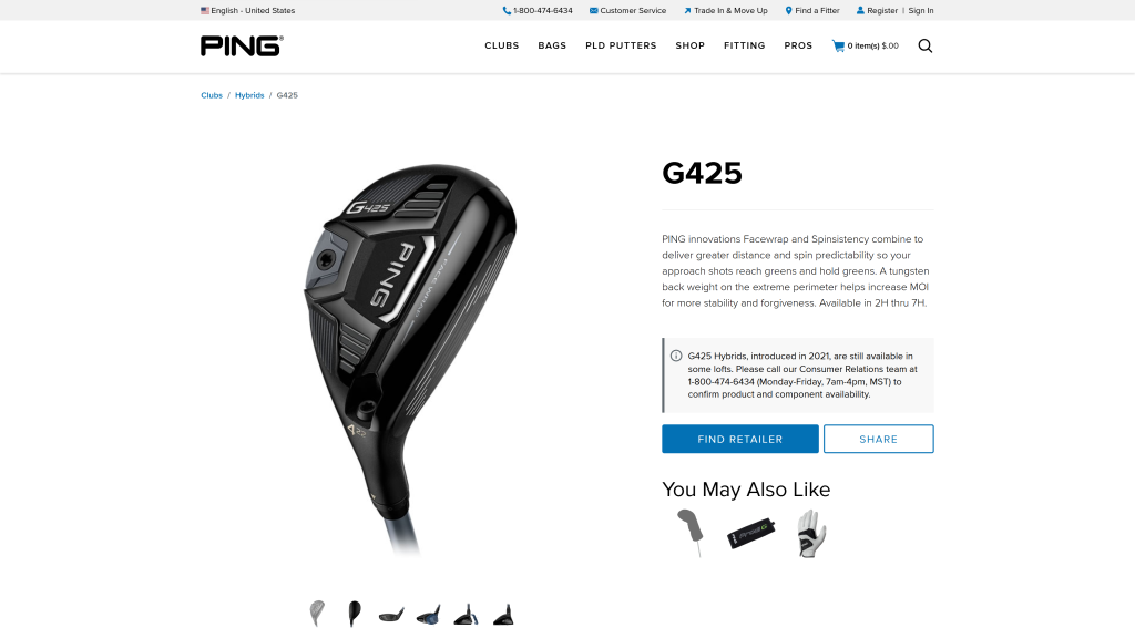 screenshot of the Ping G425 Hybrid how to know which golf club to use homepage