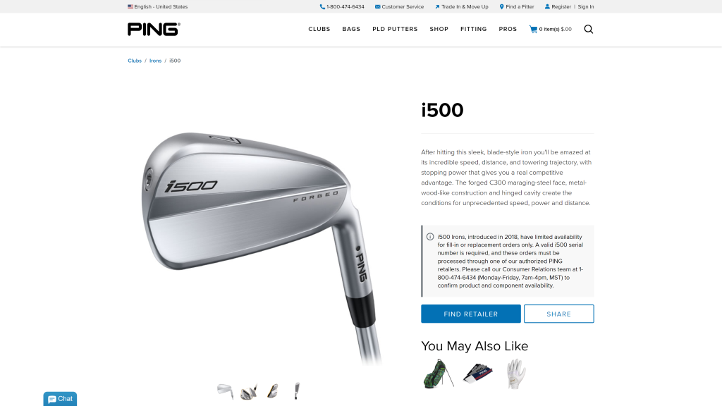 screenshot of the Ping i500 Iron Set best players distance irons 2024 homepage