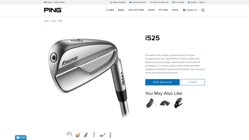 screenshot of the Ping I525 Iron Set best players distance irons 2024 homepage