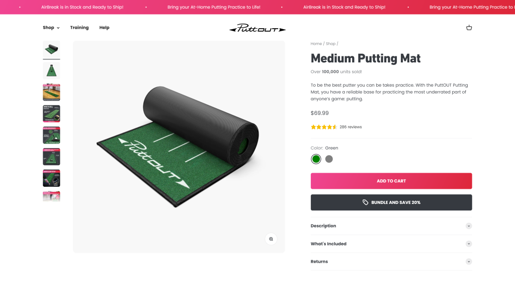 screenshot of the PuttOut Medium best golf putting mat homepage