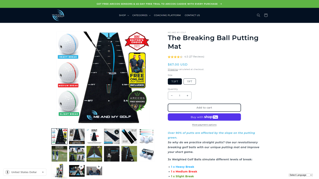 screenshot of the Me & My Golf best golf putting mat homepage