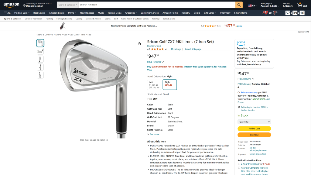 screenshot of the  Srixon ZX7 MKII Iron homepage