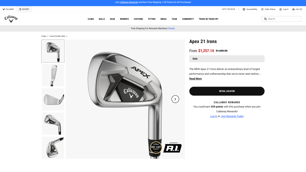 screenshot of the Callaway Apex 21 Iron Set homepage