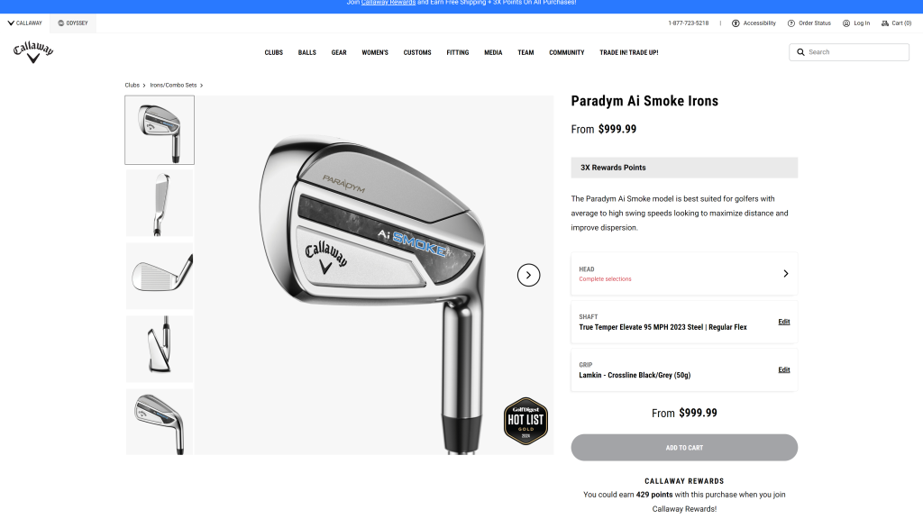 screenshot of the Callaway Paradym Ai Smoke Iron homepage