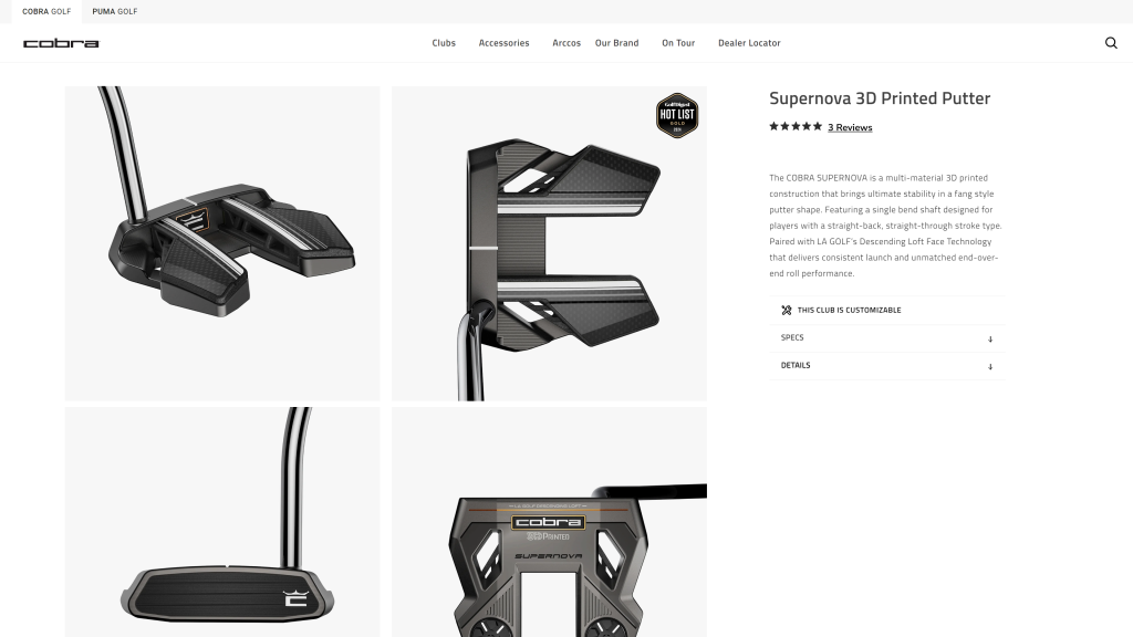 screenshot of the Cobra 3D Printed Supernova 2.0 best golf putters homepage