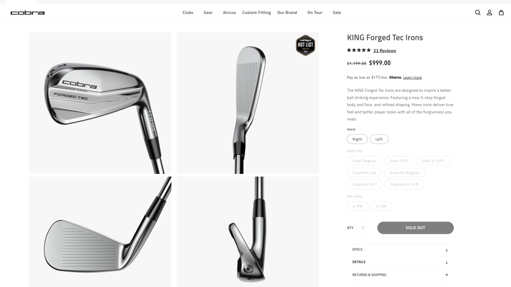 screenshot of the Cobra Forged Tec Iron Set homepage