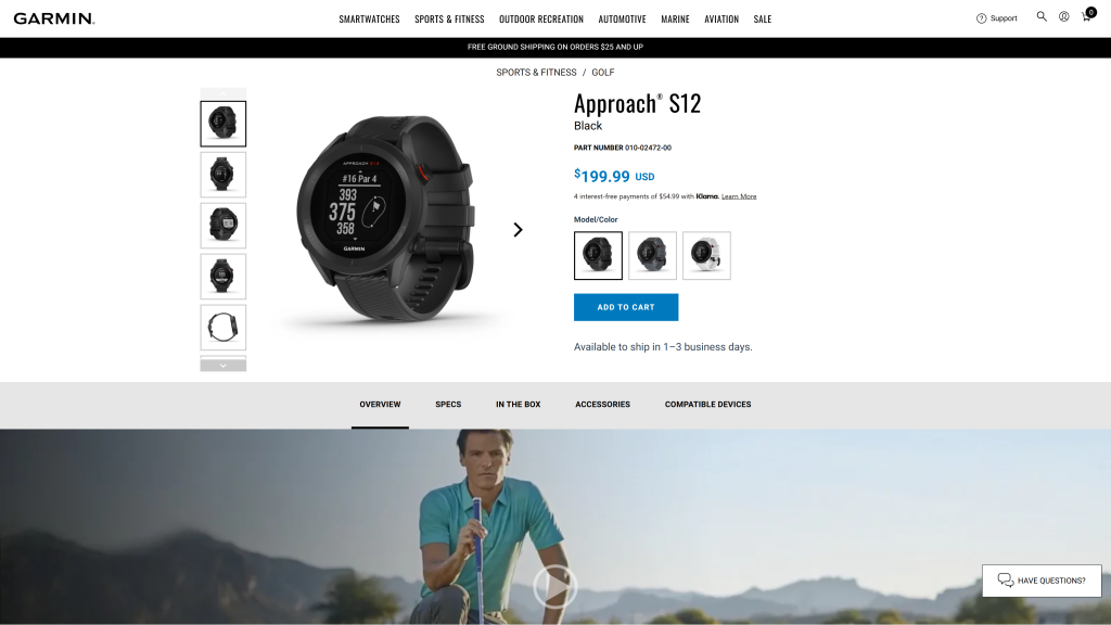 screenshot of Garmin Approach S12 GPS Watch homepage 