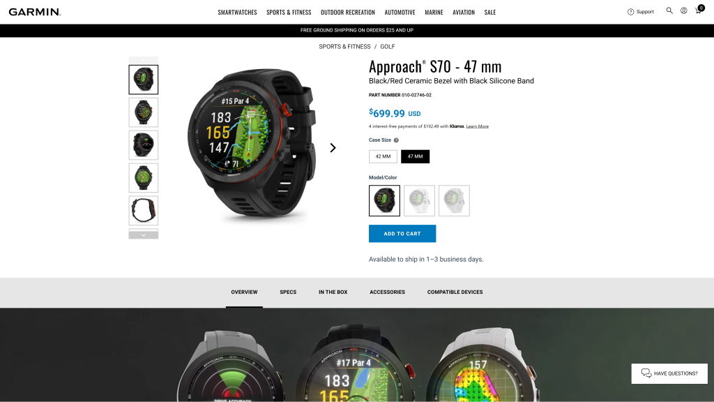 screenshot of Garmin Approach S70 GPS best golf watch homepage