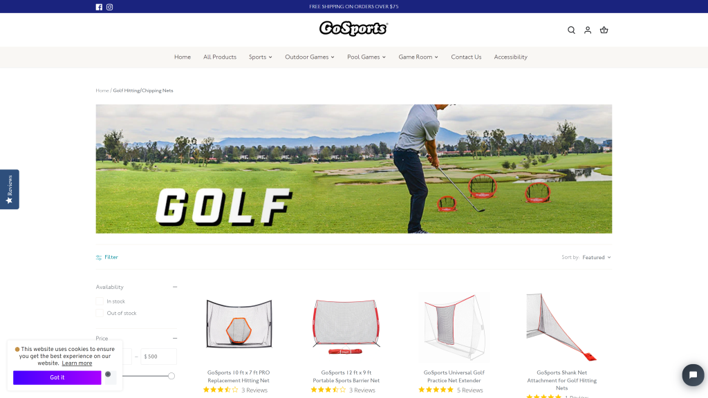 screenshot of the GoSports Golf Practice Hitting  homepage