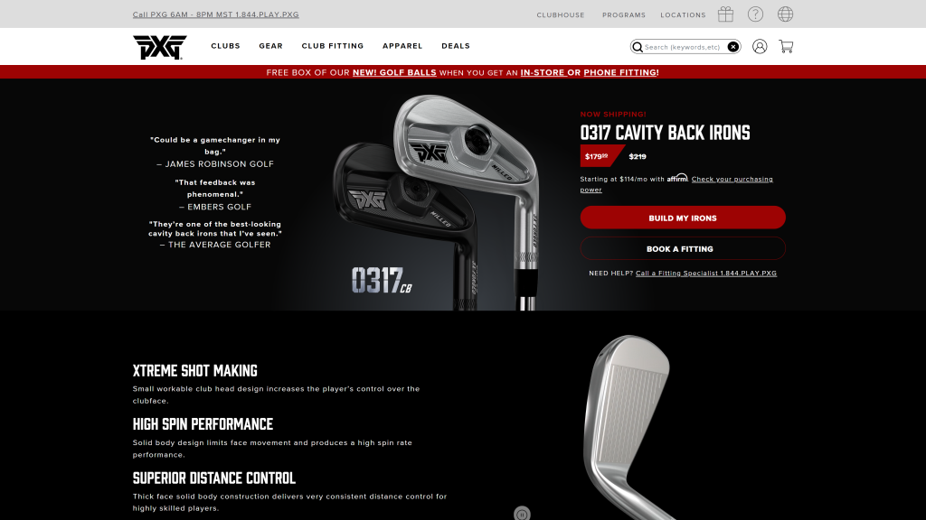 screenshot of the PXG 0317 CB Iron homepage