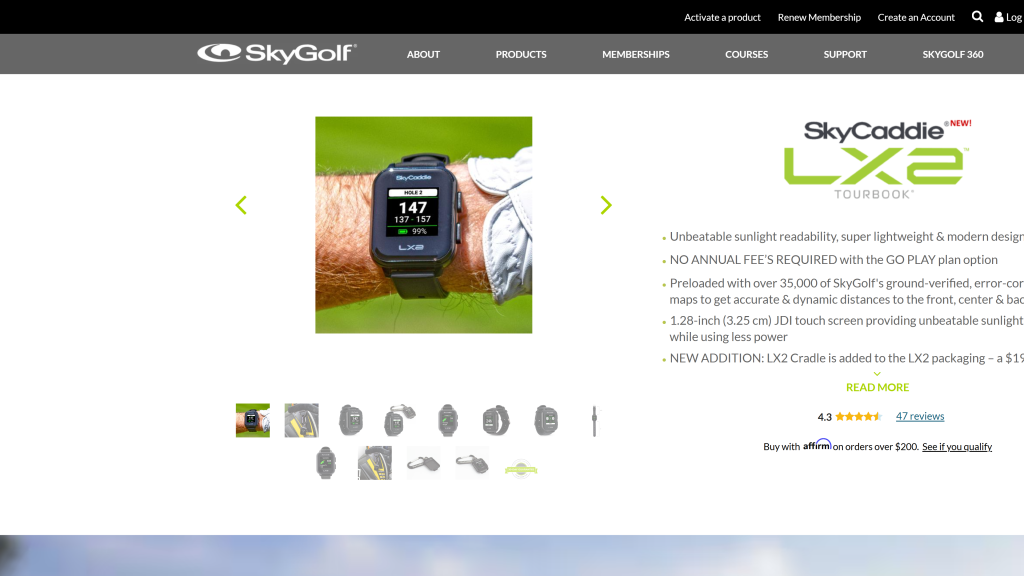 screenshot of SkyCaddie LX2 GPS  homepage