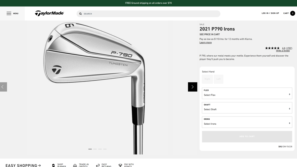 screenshot of the TaylorMade P790 2021 Iron Set homepage