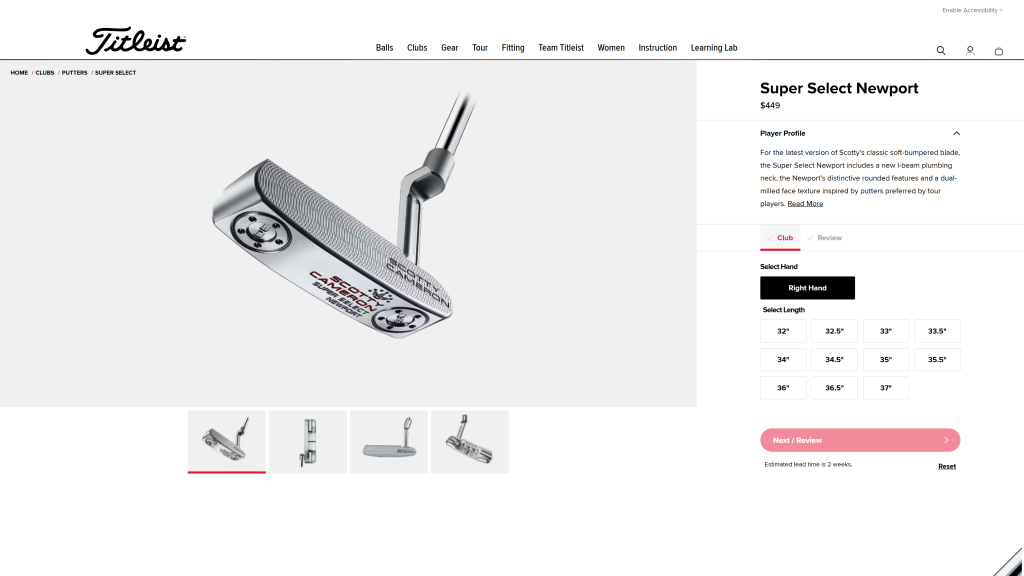 screenshot of the Scotty Cameron Super Select best golf putters homepage