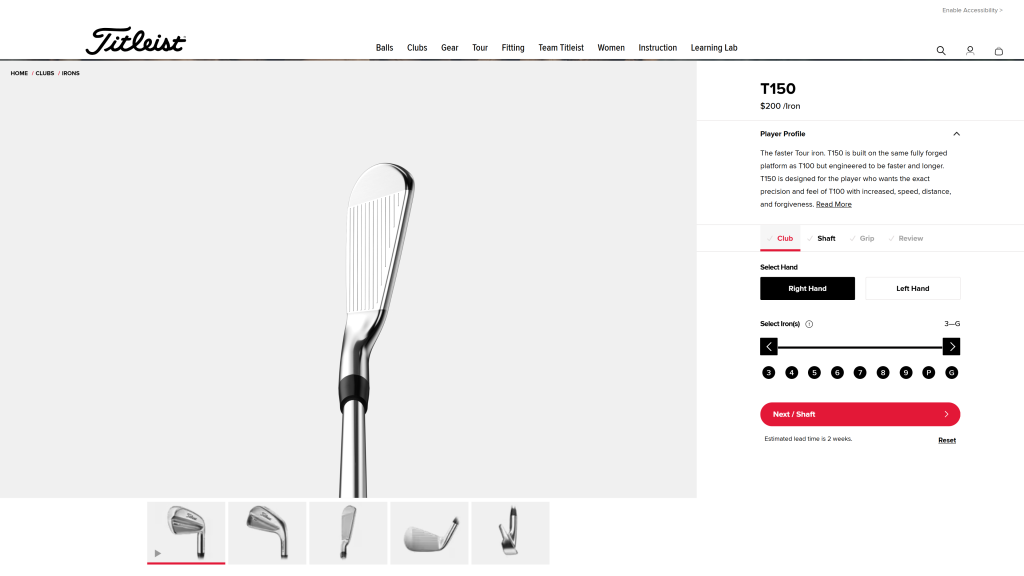 screenshot of the Titleist T150 2023 Iron Set homepage