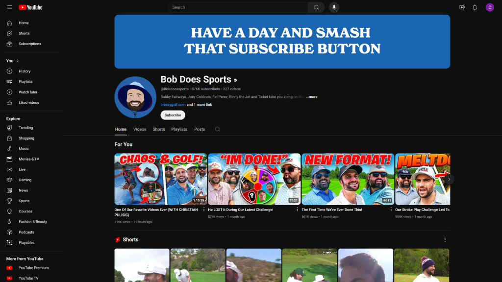 screenshot of the Bob Does Sports best golf youtube channels homepage